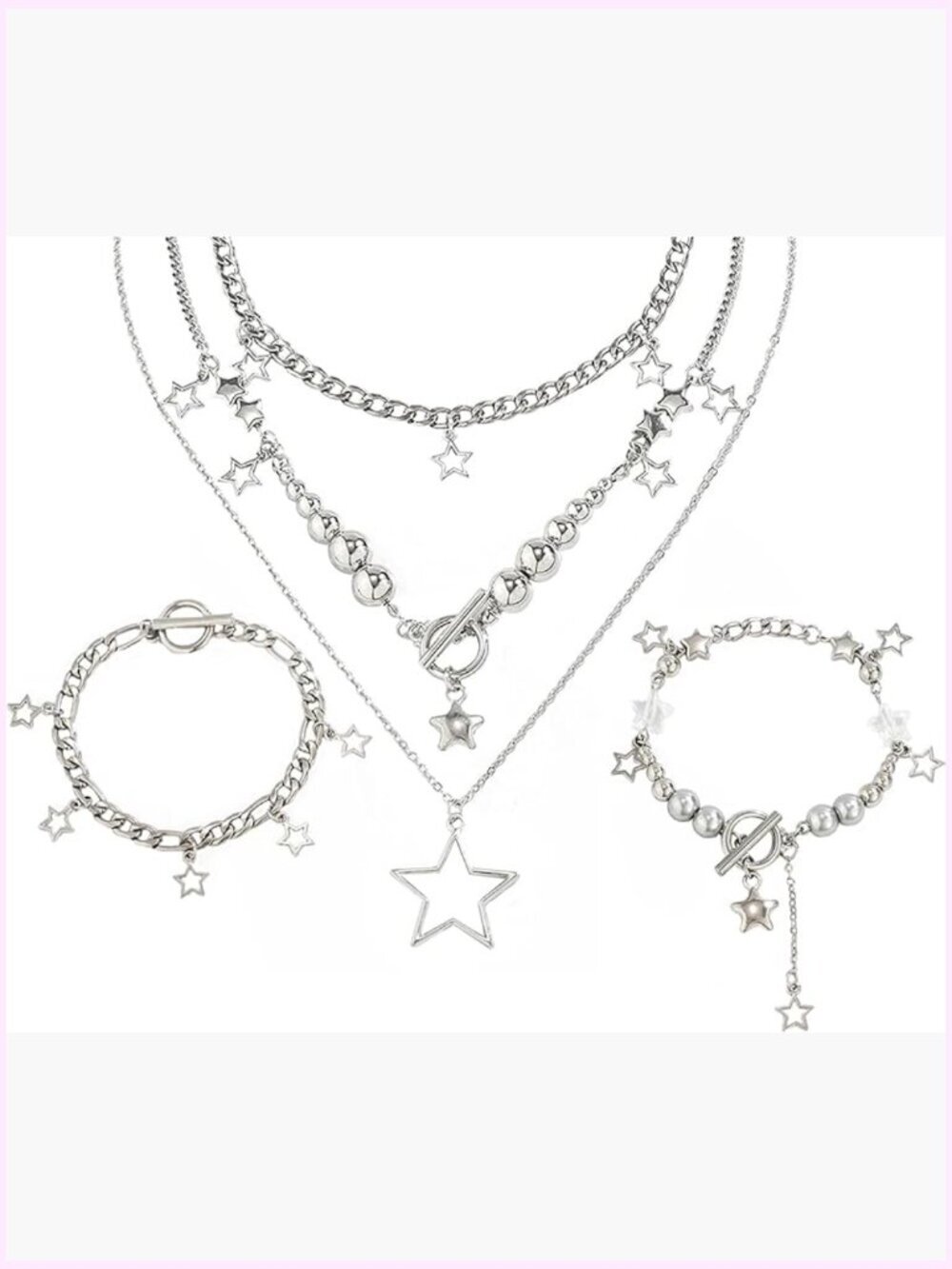 2 Piece Silver Star Necklace Set Y2K Chunky Grunge Jewelry Kawaii Cute